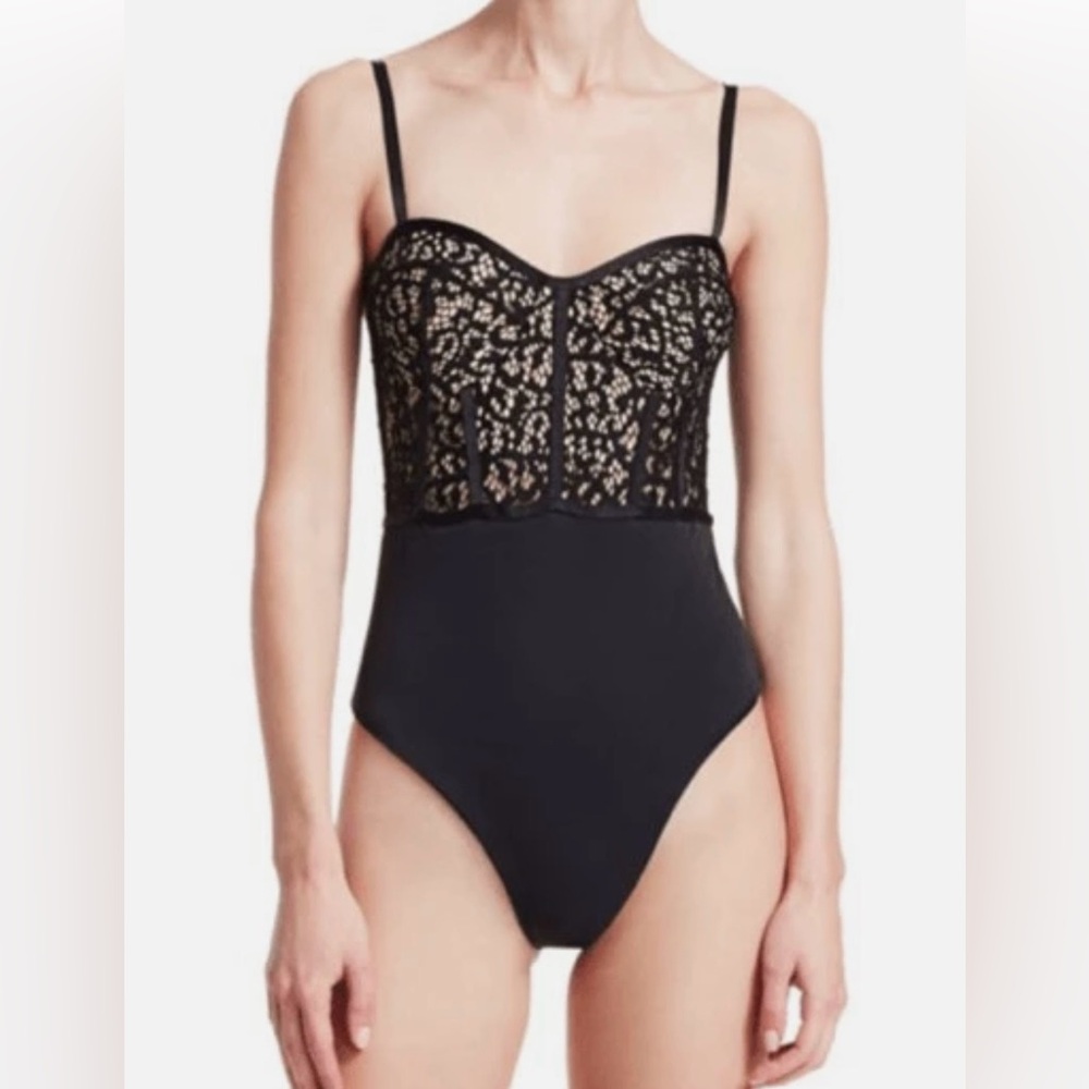NEW Jonathan Simkhai navy lace/black one piece bathing suit
